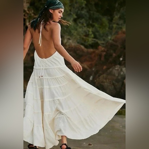 Free People Somewhere Sunny Drop Waist Halter Maxi Dress in White Swan - Picture 7 of 7